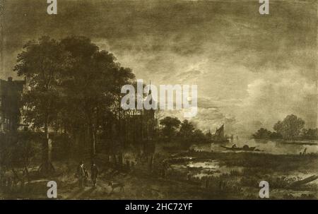 Paysage de rivière au clair de lune, peinture de l'artiste néerlandais Aert van Der Neer, Munich 1897 Banque D'Images