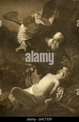 Le sacrifice d'Isaac, peinture de l'artiste néerlandais Rembrandt van Rijn, Munich 1897 Banque D'Images