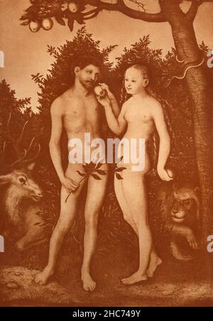 Adam et Eve au paradis, peinture de l'artiste allemand Lucas Cranach, Munich 1897 Banque D'Images