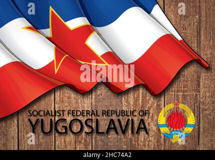 Drapeau et emblème de la République socialiste fédérative de Yougoslavie sur fond de bois Banque D'Images
