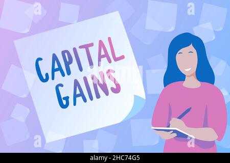 Légende conceptuelle gains en capital.Mot pour les obligations actions actions bénéfices impôt sur le revenu Fonds d'investissement dactylographiant de nouveaux livres de travail pour étudiants, créer et Banque D'Images