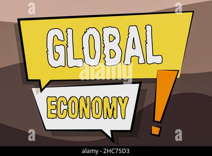 Affichage conceptuel économie mondiale.Concept signification système de l'industrie et du commerce dans le monde capitalisme deux coloré se chevauchant boîte de dialogue Banque D'Images
