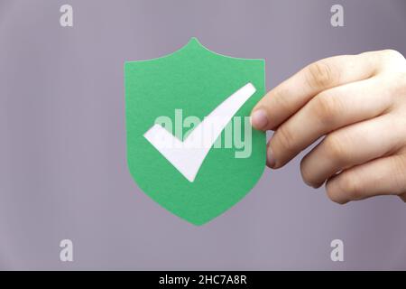 Gros plan d'une main tenant une icône de protection de l'intimité sur un arrière-plan flou Banque D'Images