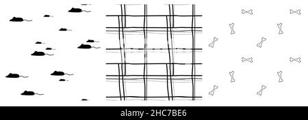 Ensemble de répétitions dessinées à la main motifs sans couture de grille, souris, os, chiens et le fond de vétérinaire.Illustration vectorielle de dessin au trait en noir et blanc. Illustration de Vecteur