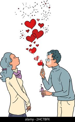 un jeune homme et une fille amoureux de la saint valentin, des bulles de savon Illustration de Vecteur