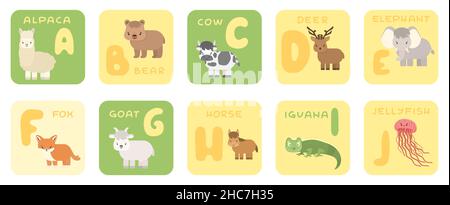 Cartes d'éducation isolées à l'alphabet A-J du zoo avec animaux de dessin animé.Alpaga ours vache cerf éléphant renard chèvre cheval iguana méduse, plat, Illustration de Vecteur