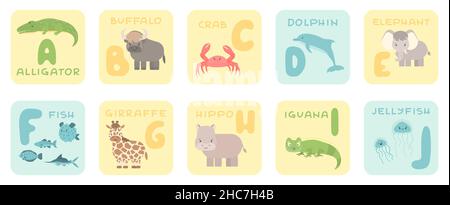 Mignons Cartes A-J avec dessins animés forêt tropicale jungle animaux africains.Illustrations du zoo vectoriel.Alligator, buffle, crabe, dauphin, poisson,girafe hanche Illustration de Vecteur