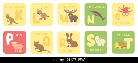 Cartes d'éducation isolées à alphabet plat et lettre K-T du zoo avec animaux de dessin animé.Kangourou, lynx, orignal, narval, poulpe,cochon, quokka, lapin, mouton, Illustration de Vecteur