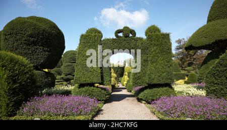 Vue sur Levens Hall et magnifique topiaire Banque D'Images