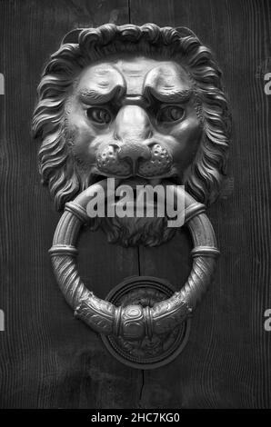 Florence, Toscane, Italie, Europe, Noir et blanc étude de l'imposant Silver Door Knocker. Banque D'Images