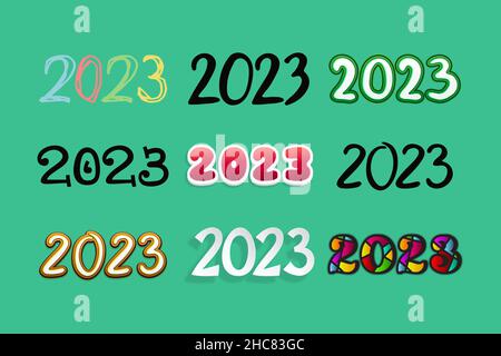Grand ensemble de chiffres multicolores 2023 sur fond vert.Différentes couleurs et styles modernes, pour la conception de calendriers et de planificateurs. Illustration de Vecteur