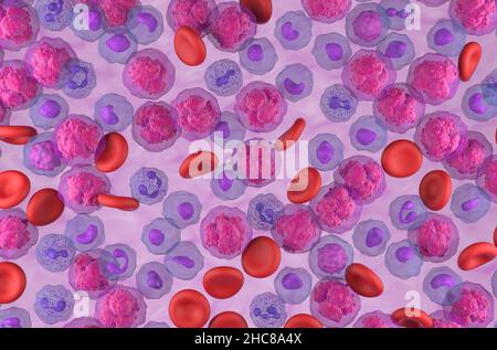 Leucémie lymphoblastique aiguë (TOUTES) cellules cancéreuses dans le flux sanguin - vue de dessus 3D illustration Banque D'Images