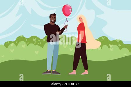 Bon jeune couple.L'homme tient un ballon. Illustration de Vecteur