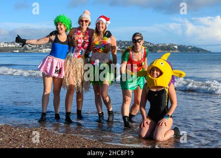 Paignton, Devon, Royaume-Uni.26th décembre 2021.Météo Royaume-Uni.Les nageurs en robe festive de fantaisie prennent à la mer le lendemain de Noël pour le club du lion promenez-vous dans la mer à la plage de Paignton à Devon, lors d'une journée ensoleillée sans saison.Un groupe en costume avec un comme poisson.Crédit photo : Graham Hunt/Alamy Live News Banque D'Images