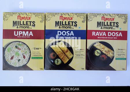 MMANNA marque Instant Multigrain millet dosa Ready mix.Facile à cuire pâte dosa prête, rava dosa, upma sain avec de nombreux types de millets.Alimentation Banque D'Images