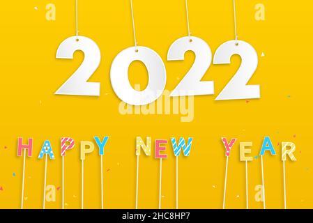 Numéros 2022 suspendus sur les cordes en fond jaune avec le texte coloré de bonne année Illustration de Vecteur