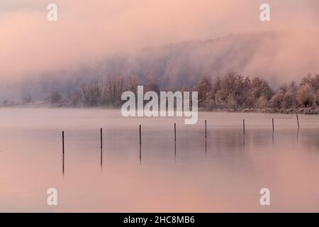 Tôt le matin d'hiver pendant un lever de soleil vibrant plein de couleurs pastel et un voile de brouillard au-dessus du lac.Les pôles de pêche créent de belles réflexions Banque D'Images
