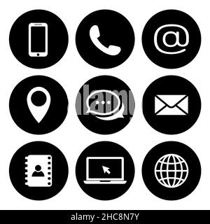 Contactez-nous icônes en cercles.Les symboles téléphone, téléphone mobile, téléphone rétro, emplacement, courrier et site Web sont en noir et blanc.Icône de contact simple définie à plat Illustration de Vecteur