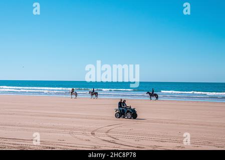 Les gens qui font du quad et des chevaux le long du rivage à la plage contre un ciel dégagé Banque D'Images