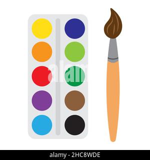 Peintures et pinceaux artistiques, fournitures artistiques pour la peinture et le dessin.Illustration vectorielle de style dessin animé à plat.Kit art.Matériaux pour enfants et Illustration de Vecteur