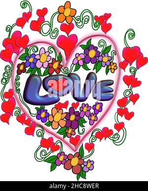 Un coeur avec des ornements de fleur avec le mot amour sur fond transparent.Dessiné à la main Illustration de Vecteur