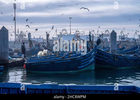 Bateaux de pêche bleus en bois ancrés à la marina contre un ciel nuageux Banque D'Images