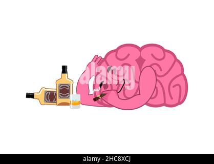 Le cerveau ivre est endormi.Mosie et alcool.Bouteille de whisky et cigare Illustration de Vecteur