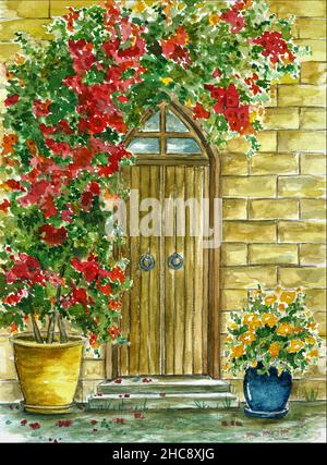 Aquarelle.Ancienne porte de jardin en bois, mur de briques et fleurs.Peinture par le photographe. Banque D'Images