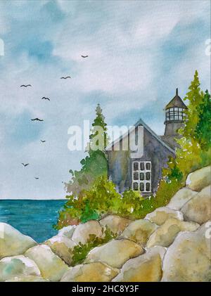 Aquarelle.Une maison sur les falaises, un phare et des arbres. Banque D'Images