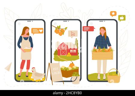 Les travailleurs de l'agriculture produisent des produits biologiques sur des écrans de téléphones mobiles illustration vectorielle.Caricature femme paysanne tenant des caisses avec des légumes sains saisonniers pour le marché local, panier avec des oeufs Illustration de Vecteur