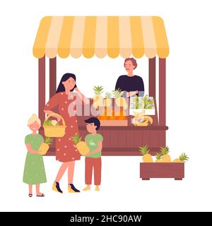 Famille achetant des fruits frais sur le marché local.Agriculture biologique et vente de produits naturels illustration vectorielle plate Illustration de Vecteur
