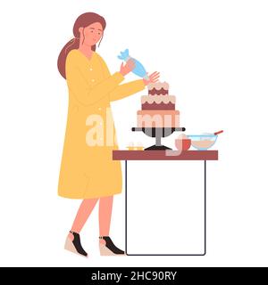 Femme décorant un gâteau cuit avec de la crème fouettée.Pâtisserie pâtisserie pâtisserie pâtisserie pâtisserie pâtisserie pâtisserie pâtisserie confiserie plate illustration vectorielle Illustration de Vecteur