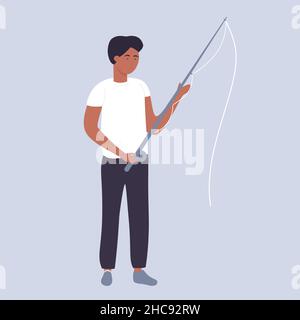 Un adolescent mignon tenant une canne à pêche.Garçon préparant un long bâton effilée pour capturer l'illustration de dessin animé de poisson Illustration de Vecteur