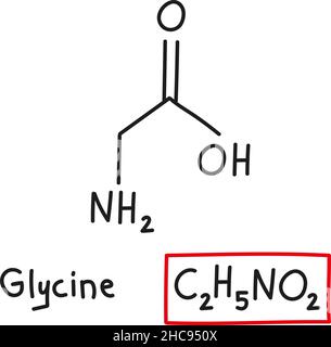 Formule moléculaire chimique dessinée à la main de glycine d'acides aminés dans le style de l'oodle isolé. Illustration de Vecteur