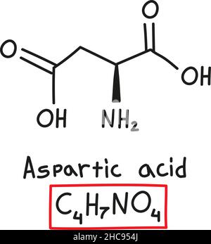 Formule moléculaire chimique dessinée à la main de l'acide amino-aspartique dans le style de l'oodle isolé. Illustration de Vecteur