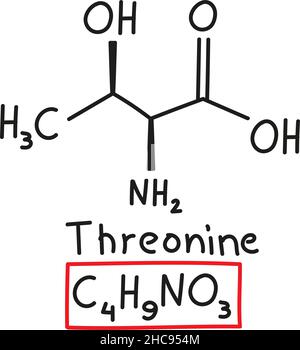 Formule moléculaire chimique dessinée à la main d'acide aminé Threonine dans le style doodle isolé. Illustration de Vecteur