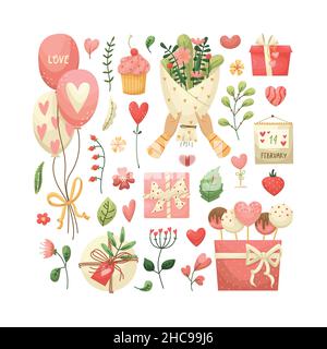 Ensemble vectoriel pour la Saint-Valentin avec fleurs, plantes, cadeaux dans un style plat. Illustration de Vecteur