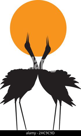 Silhouette de grue rouge couronnée isolée sur fond blanc, vecteur.Deux oiseaux de grue à couronne rouge au coucher du soleil, illustration.Design artistique Illustration de Vecteur