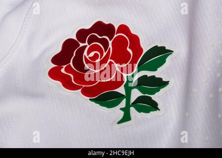 Gros plan sur le maillot de l'Union de rugby de l'Angleterre. Banque D'Images