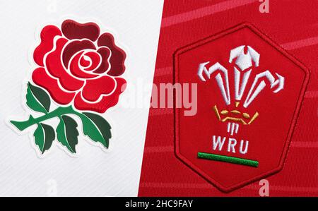 Gros plan sur le maillot de rugby de l'Union du pays de Galles et de l'Angleterre Banque D'Images