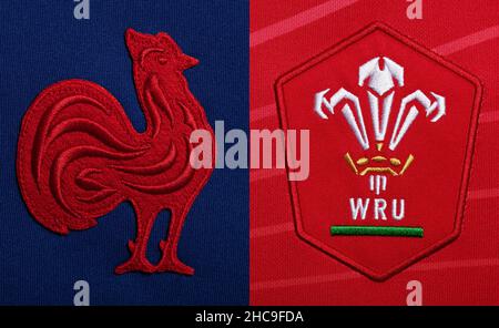 Gros plan sur le maillot de rugby de France et de pays de Galles Banque D'Images
