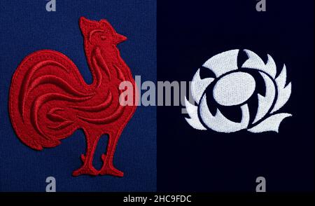 Gros plan sur le maillot de rugby écossais et français Banque D'Images