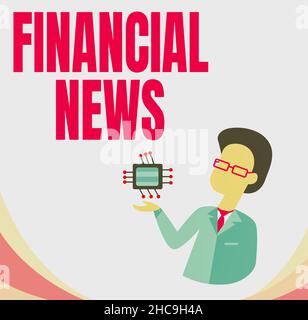 Affiche textuelle indiquant les nouvelles financières.Approche commerciale Banque d'investissement gestion de fonds réglementation et négociation Homme dessin debout et tenue de portefeuille Banque D'Images