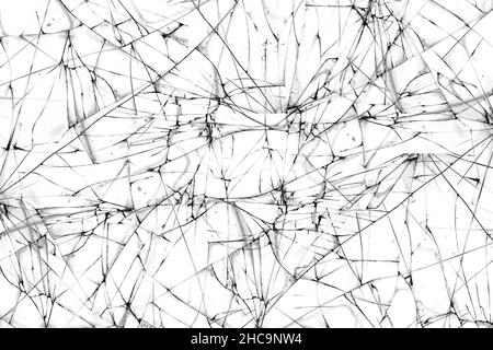 Vitre de protection fissurée d'un smartphone, fissurée sur un arrière-plan blanc Banque D'Images