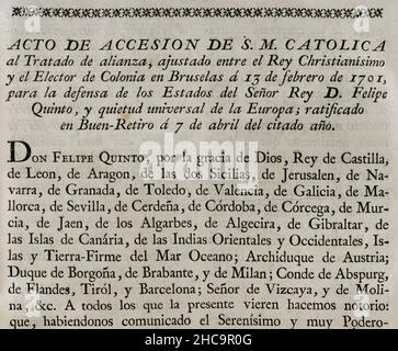 Traité de Bruxelles.Acte d'adhésion au traité d'alliance entre le roi Philippe V d'Espagne et Louis XIV de France avec l'électeur de l'archevêché de Cologne, José Clemente de Bavière, à Bruxelles, le 13 février 1701, ratifié au Palais Buen Retiro le 7 avril de cette année.Cologne a promis son aide diplomatique et militaire à la coalition franco-espagnole à la veille de la guerre imminente de succession d'Espagne (1701-1713).Recueil des traités de paix, d'alliance, de commerce ajusté par la Couronne d'Espagne avec les puissances étrangères (Colección de los Tratados de Paz, Alianza, Comercio a Banque D'Images