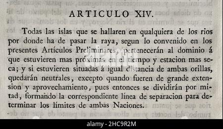 Premier traité de San Ildefonso (1 octobre 1777).Traité préliminaire sur les limites territoriales de l'Espagne et du Portugal en Amérique du Sud.La couronne portugaise a cédé à l'Espagne la moitié sud de l'Uruguay d'aujourd'hui, y compris Colonia del Sacramento.Aussi les îles d'Annobón et Fernando Poo dans les eaux guinéennes.La Couronne espagnole a accepté le retrait de l'île Santa Catarina, sur la côte brésilienne.Convenu et conclu par le roi Charles III d'Espagne et la reine Maria I du Portugal.Ratifié par le Roi à San Lorenzo de El Escorial le 11 octobre de cette année.Article XIV (sur ces îles en t Banque D'Images