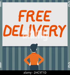 Légende conceptuelle livraison gratuite.Concept sens emballage transport Cargo Courier Centre de distribution fragile homme dessin mains debout N hanches regarder Banque D'Images