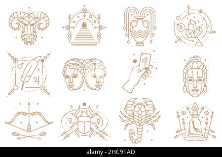 Symboles ésotériques et zodiaques.Illustration vectorielle.Icône de contour pour alchimie, géométrie sacrée.Conception mystique ou magique avec signe de zodiaque. Illustration de Vecteur