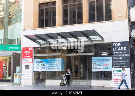 Centre-ville de Sydney, commerces de détail et bureaux de premier choix pour la location, affaires impactées par Covid 19 voit des espaces vides dans toute la ville, décembre 2021, Australie Banque D'Images