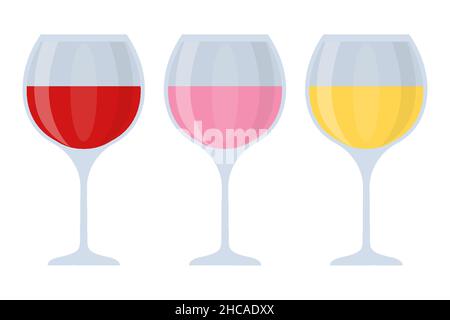 Trois verres fins avec vin, blanc, rouge, rose ensemble plat.Tasses avec ombres et lumières.Objet design, éléments de décoration pour le menu et le restaurant.Convient au logo de la marque.Illustration vectorielle Illustration de Vecteur